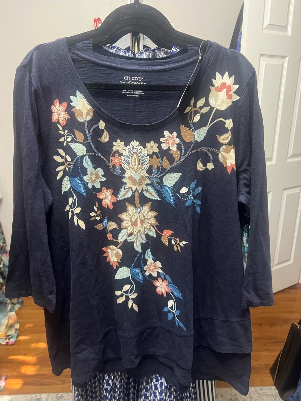 Chico's Navy Floral Embroidered Scoop Neck Tunic